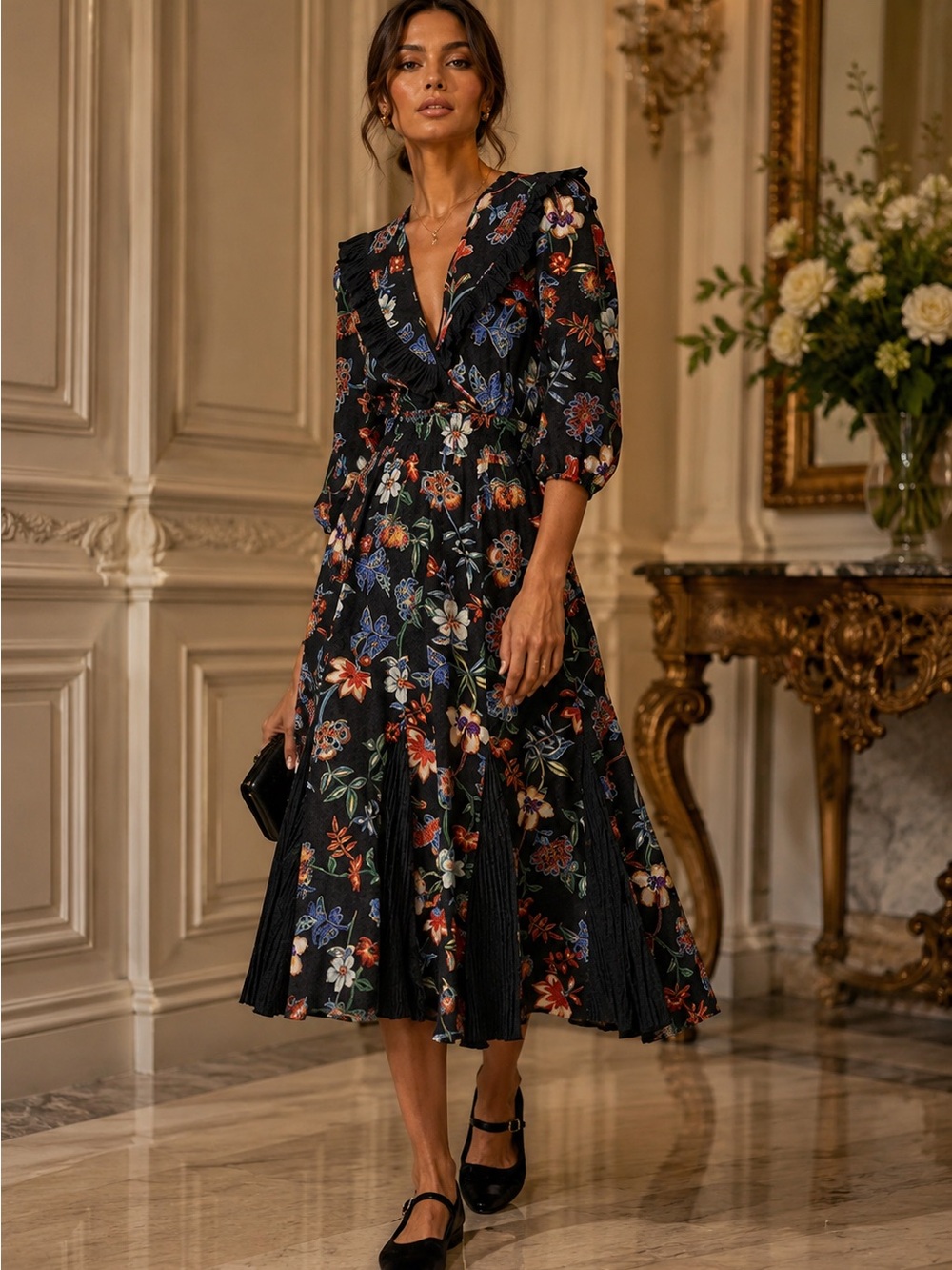 HUNTER BELL Florence Multicolor Floral Ruffled V-Neck Woman’s Midi Dress